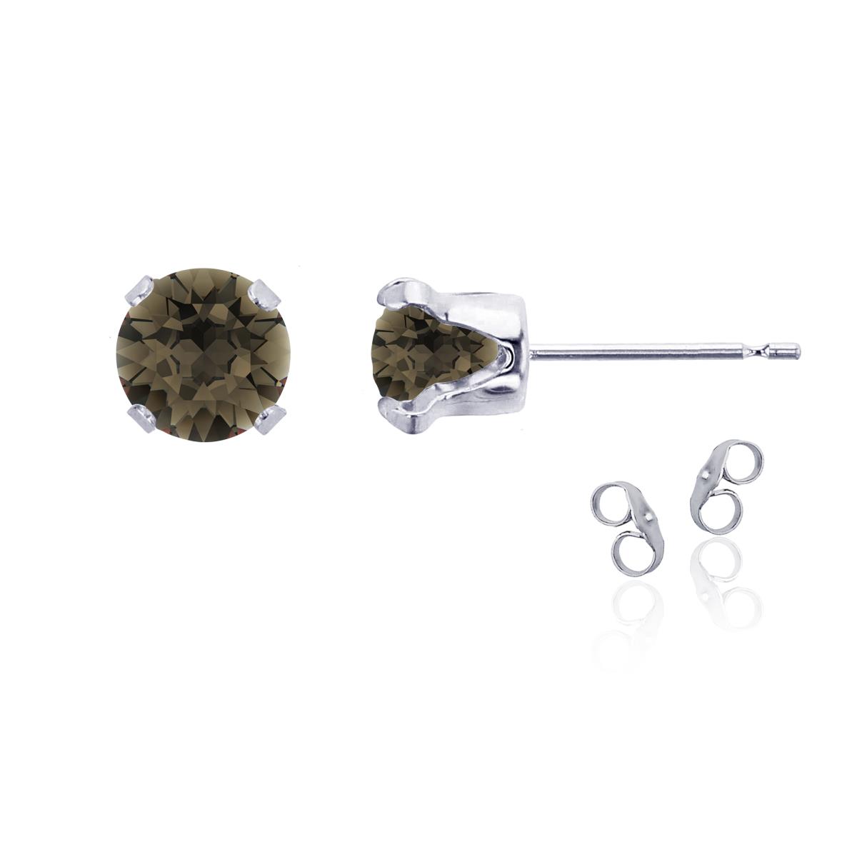 Sterling Silver Rhodium 6mm Round Smokey Quartz Stud Earring with Clutch