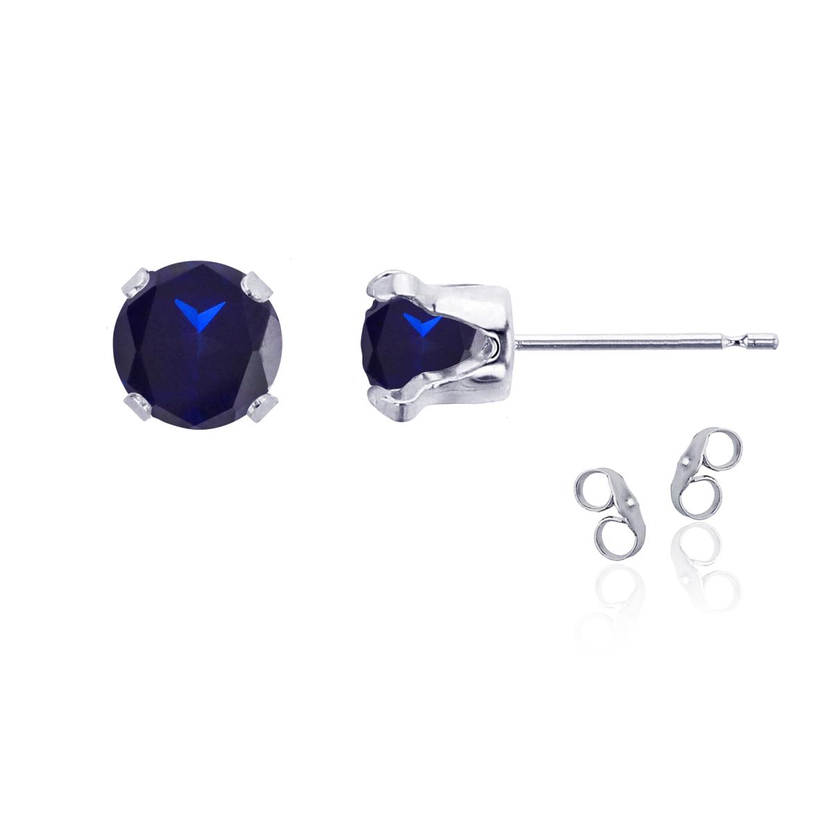 Sterling Silver Rhodium 6mm Round Cr Blue Sapphire Stud Earring with Clutch