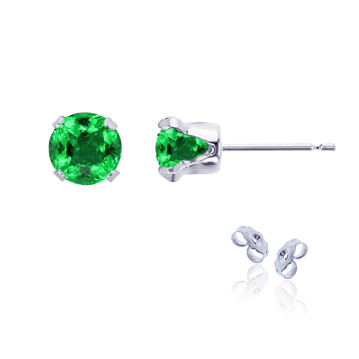 Sterling Silver Rhodium 6mm Round Cr Emerald Stud Earring with Clutch