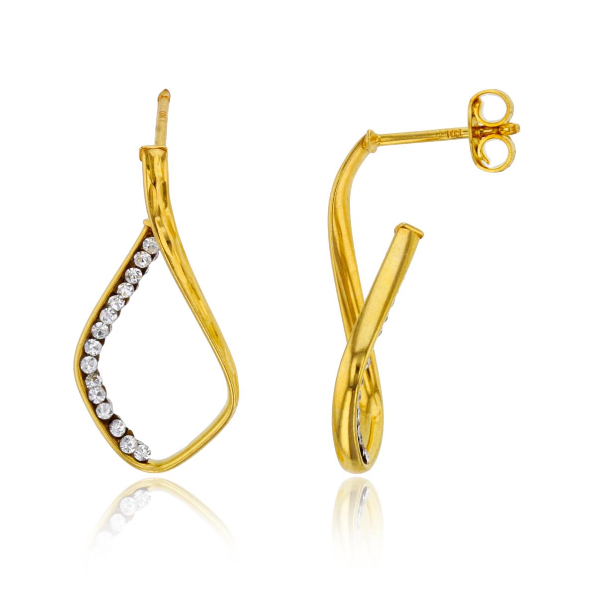14K Yellow Gold Rnd White Crystal & Polished Rows 26X13.5mm Twist Open PS-Hoop Earring
