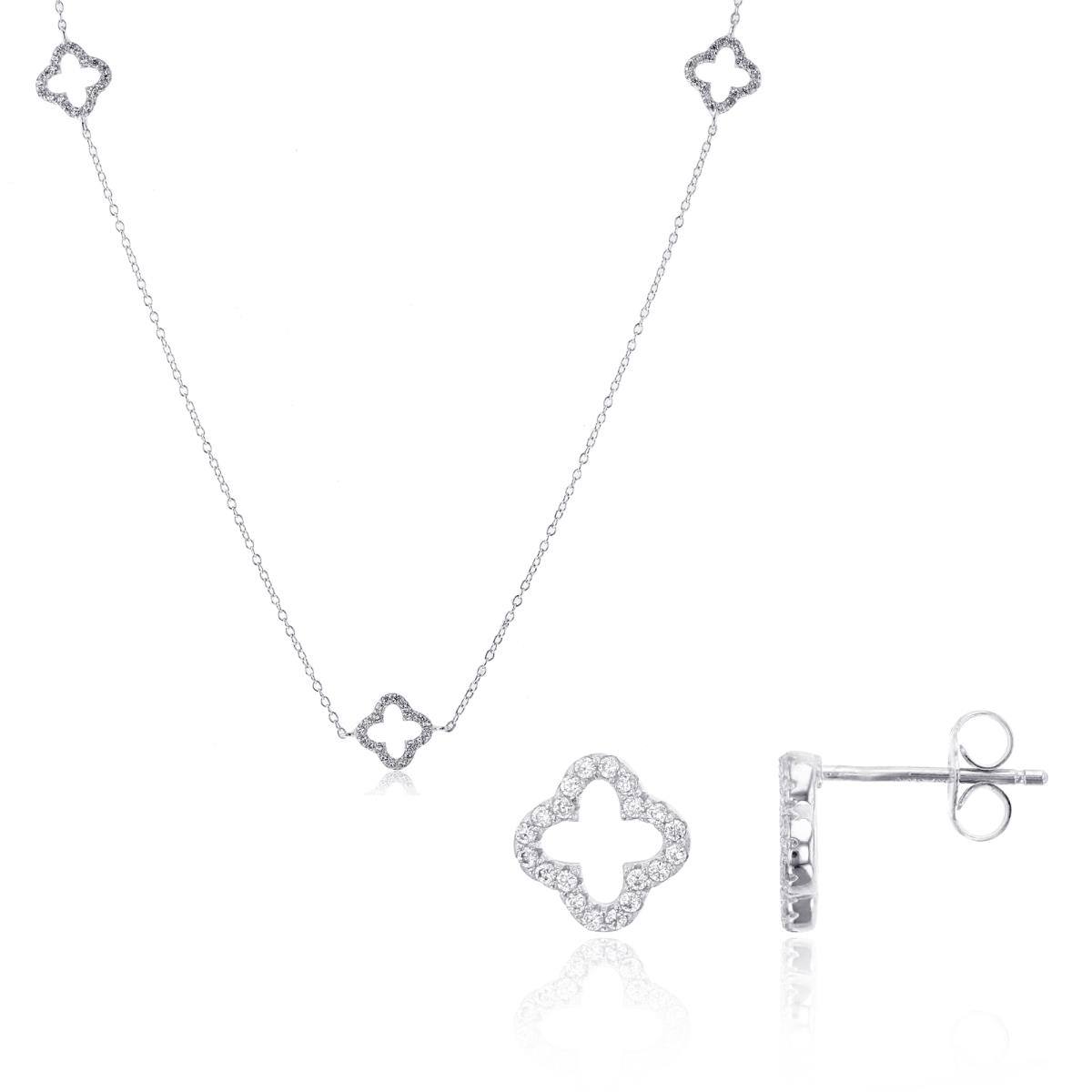 Sterling Silver Rhodium Open Clover Station 22"+2" Necklace & Clover Stud Earring Set