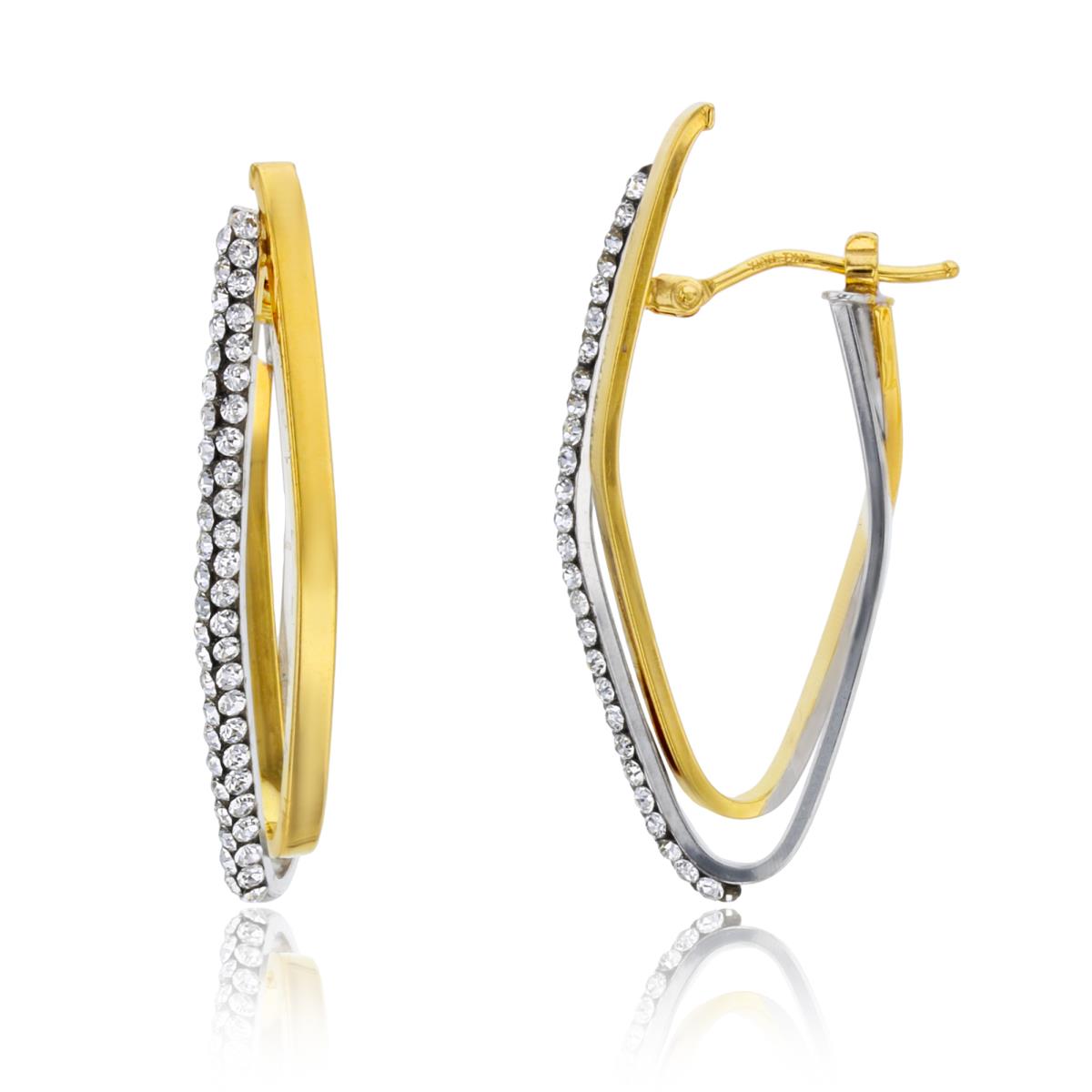 14K Two-Tone Gold Rnd Crystal & Polished Rows 35X6.5mm MQ-shape Hoop Earring