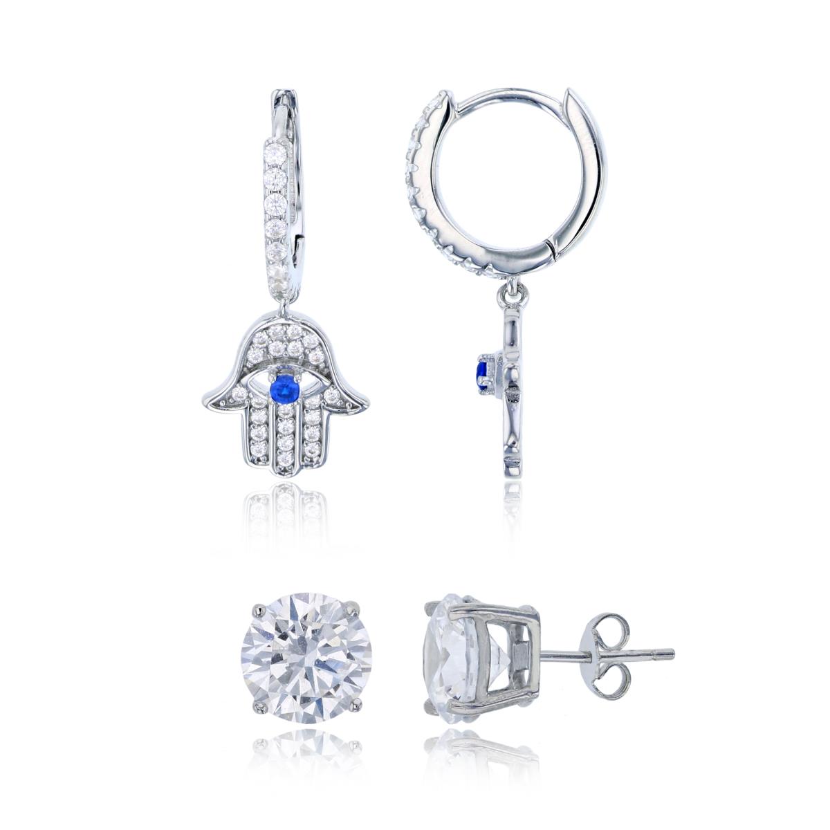 Sterling Silver Rhodium Sapphire & White CZ Dangling Hamsa & 8mm Rd Solitaire Stud Earring Set
