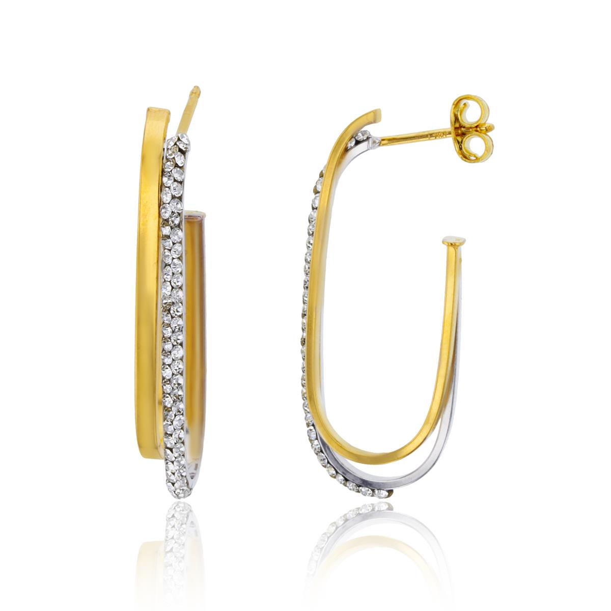 14K Two-Tone Gold Rnd Crystal & Polished Rows 35X5mm Twist Open Oval Hoop Earring