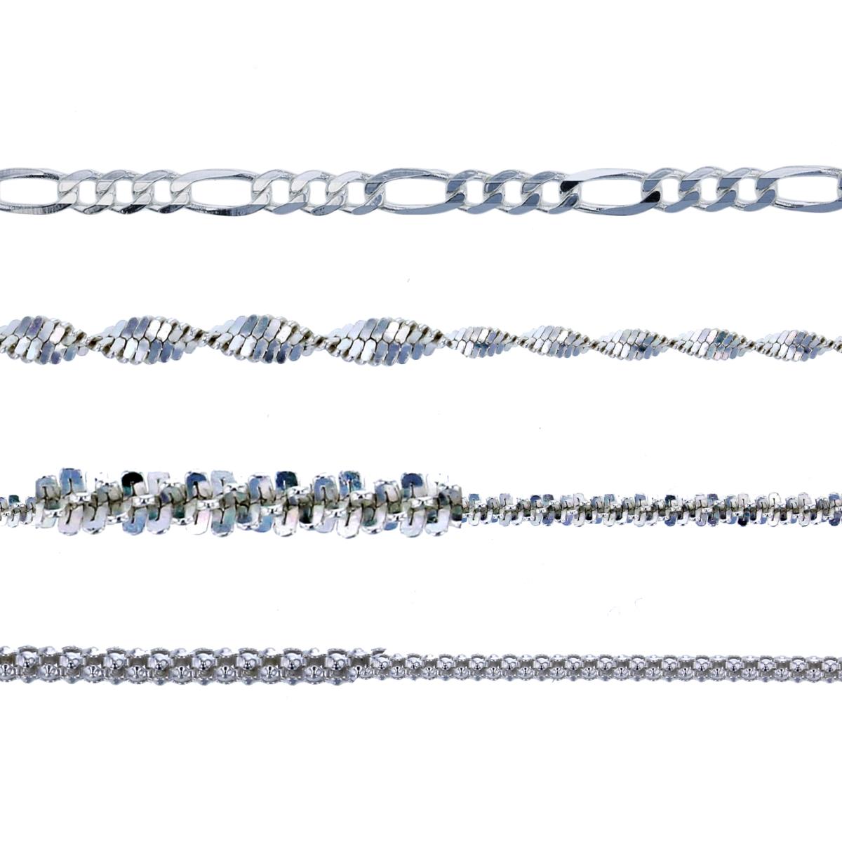 Sterling Silver Silver-Plated Butterfly, Glitter, Figaro & Popcorn 7.5" Bracelet Set