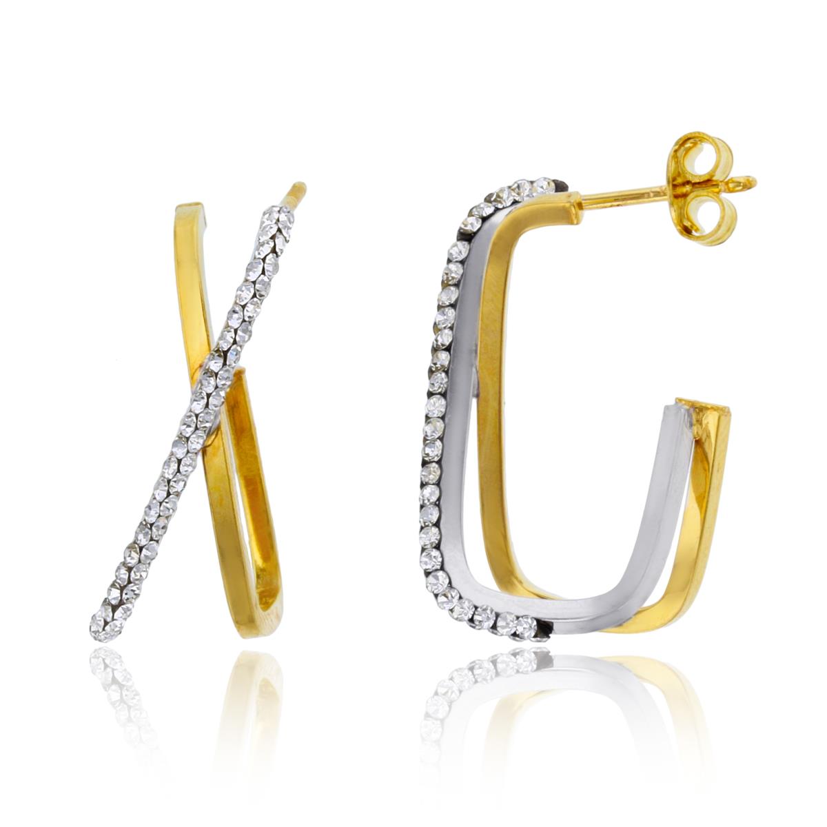 14K Two-Tone Gold Rnd Crystal & Polished Criss/Cross Rows 27X9.5mm Cushion J-Hoop Earring