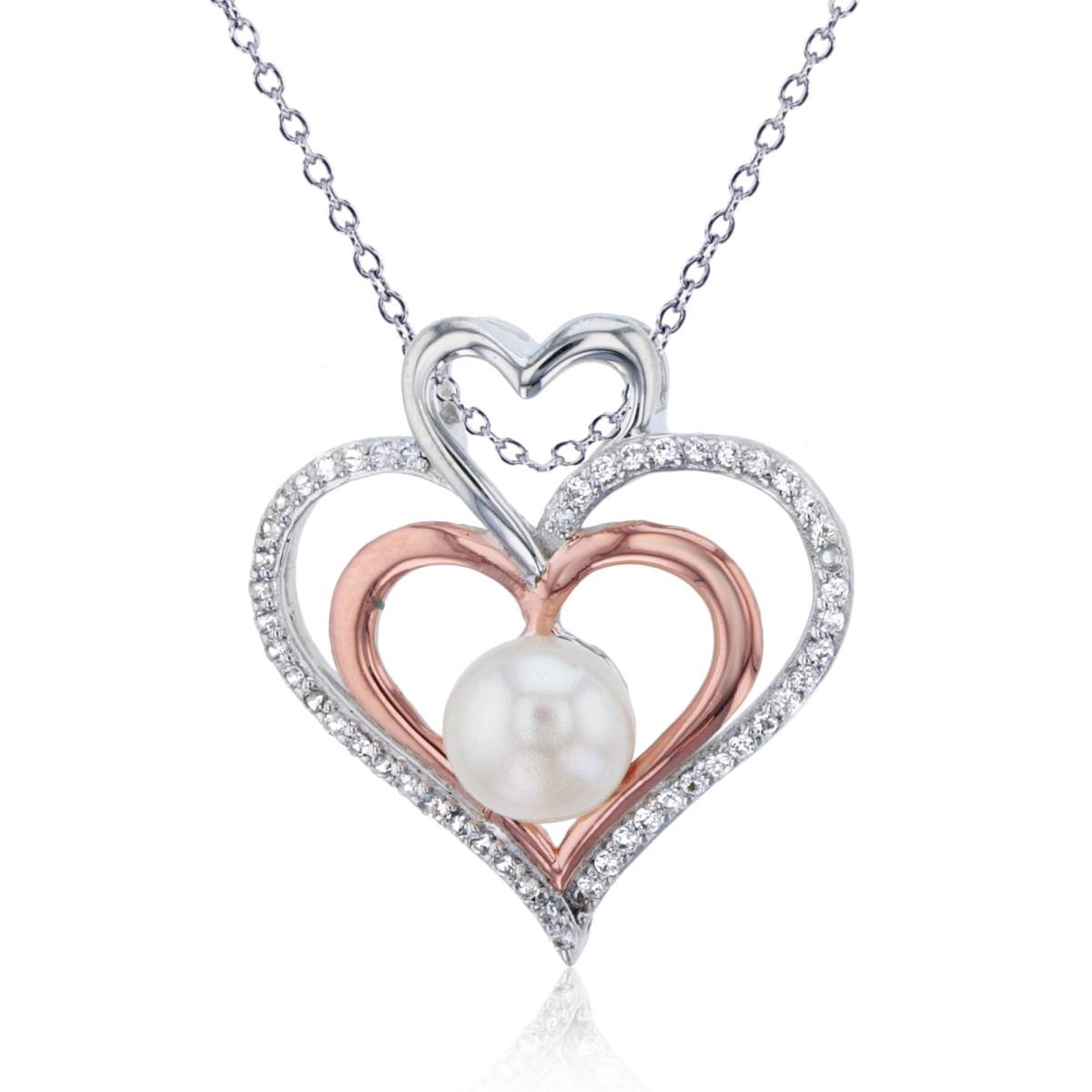 Sterling Silver Rhodium &1Micron 10K Rose Gold 7mm Pearl & Cr White Sapphire Open Hearts 18"Necklace