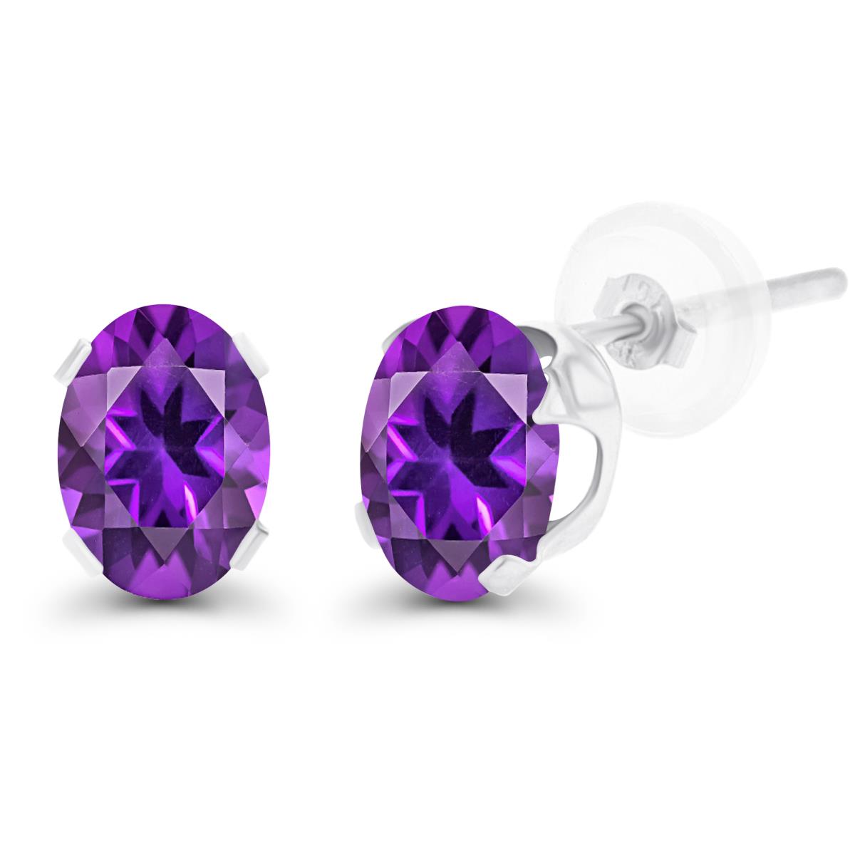 Sterling Silver Rhodium 7x5mm Oval Amethyst Stud Earring with Clutch