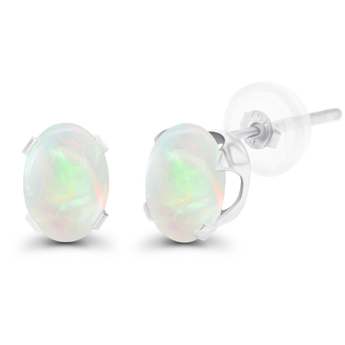 Sterling Silver Rhodium 7x5mm Oval Opal Stud Earring with Clutch