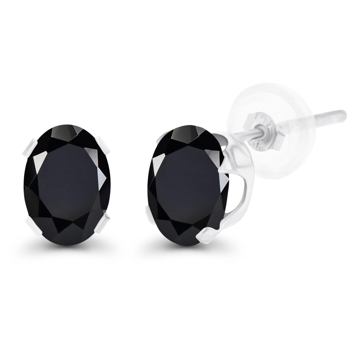 Sterling Silver Rhodium 7x5mm Oval Onyx Stud Earring with Clutch