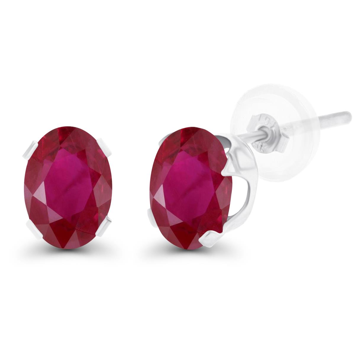 Sterling Silver Rhodium 7x5mm Oval Glass Filled Ruby Stud Earring with Clutch