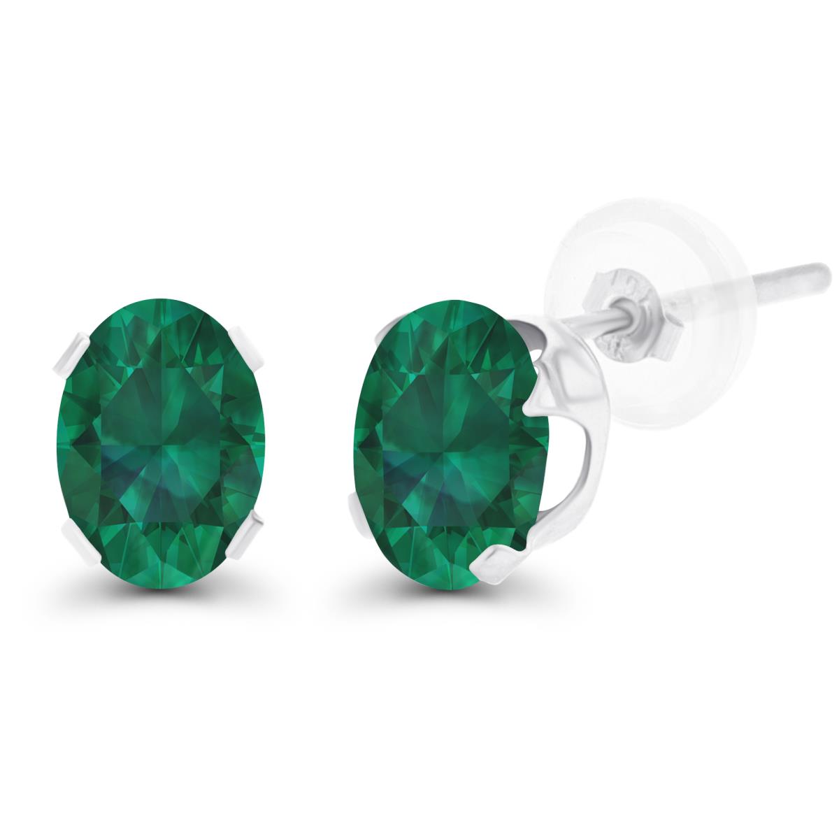 Sterling Silver Rhodium 7x5mm Oval Cr Emerald Stud Earring with Clutch
