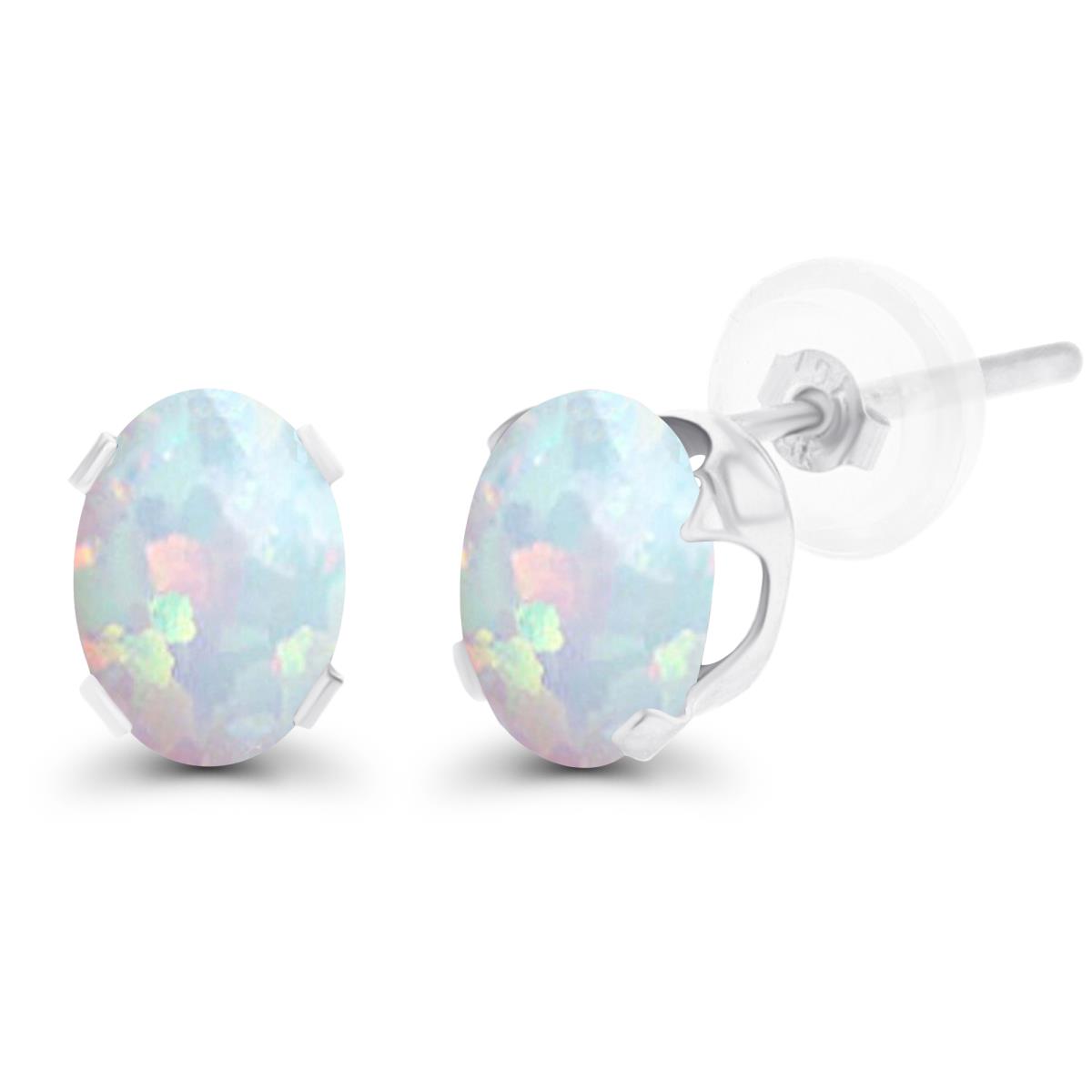 Sterling Silver Rhodium 7x5mm Oval Cr Opal Stud Earring with Clutch