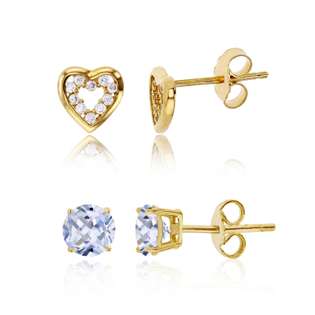 Sterling Silver Yellow 7x7mm Open Heart & 5mm Round Solitaire Stud Earring Set