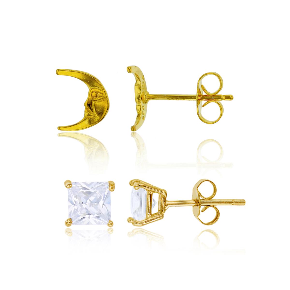 Sterling Silver Yellow Moon & 5x5mm Square Solitaire Stud Earring Set