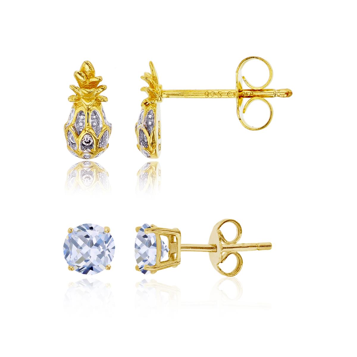 Sterling Silver Yellow Rd Cut CZ Pineapple & 5mm Round Solitaire Stud Earring Set