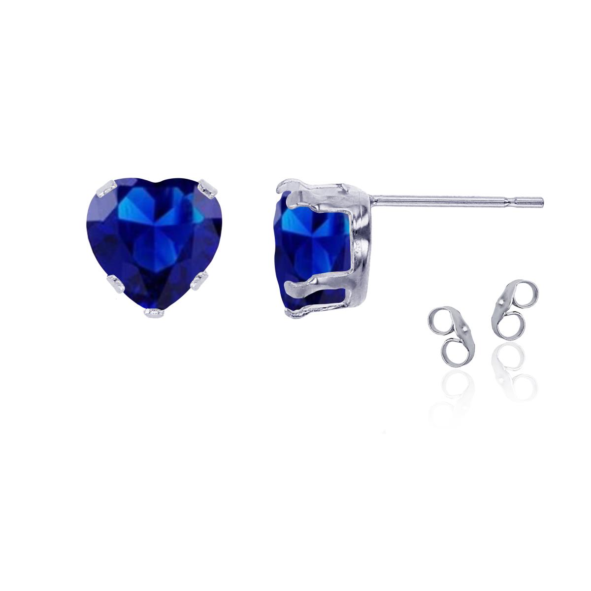 Sterling Silver Rhodium 6x6mm Heart Cr Blue Sapphire Stud Earring with Clutch