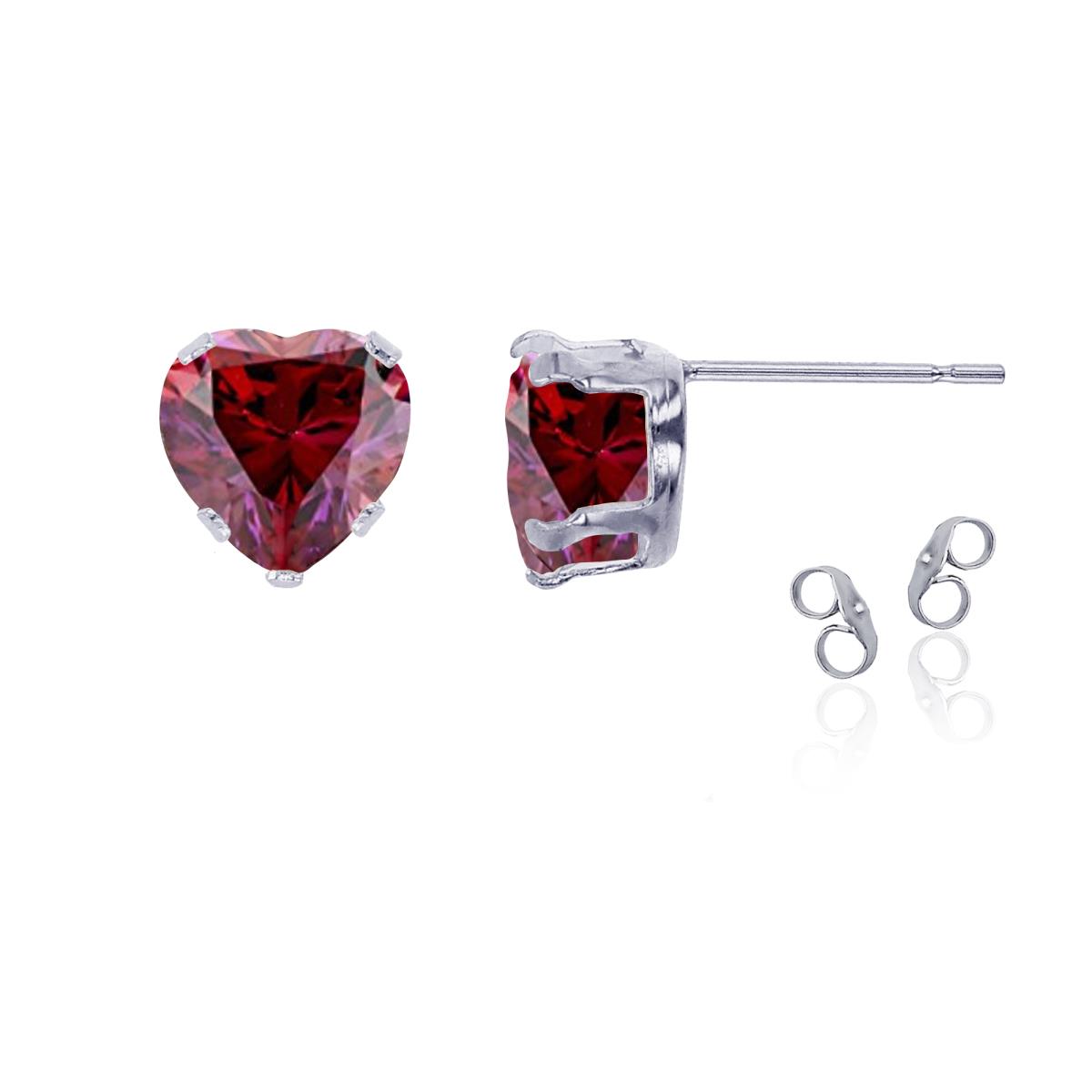 Sterling Silver Rhodium 6x6mm Heart Cr Ruby Stud Earring with Clutch