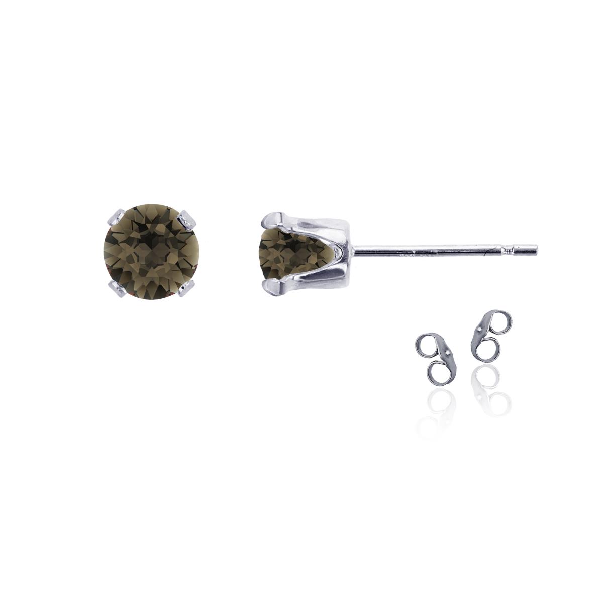 Sterling Silver Rhodium 7mm Round Smokey Quartz Stud Earring with Clutch
