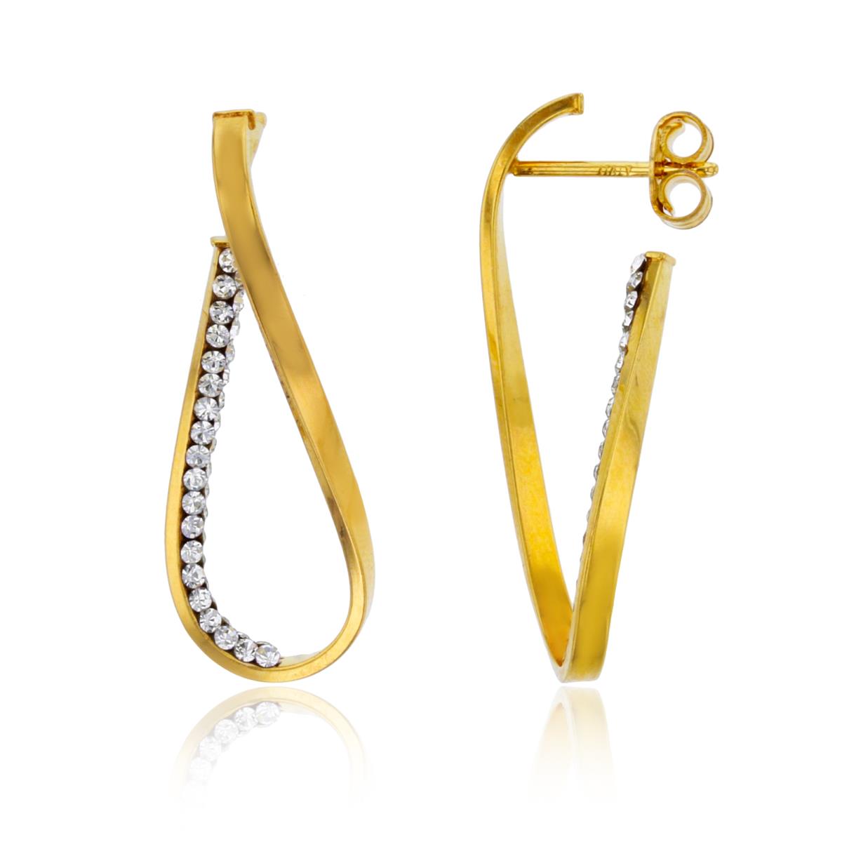10K Yellow Gold Rnd White Crystal & Polished Invert Wavy Rows 32X11mm Oval Open Hoop Earring