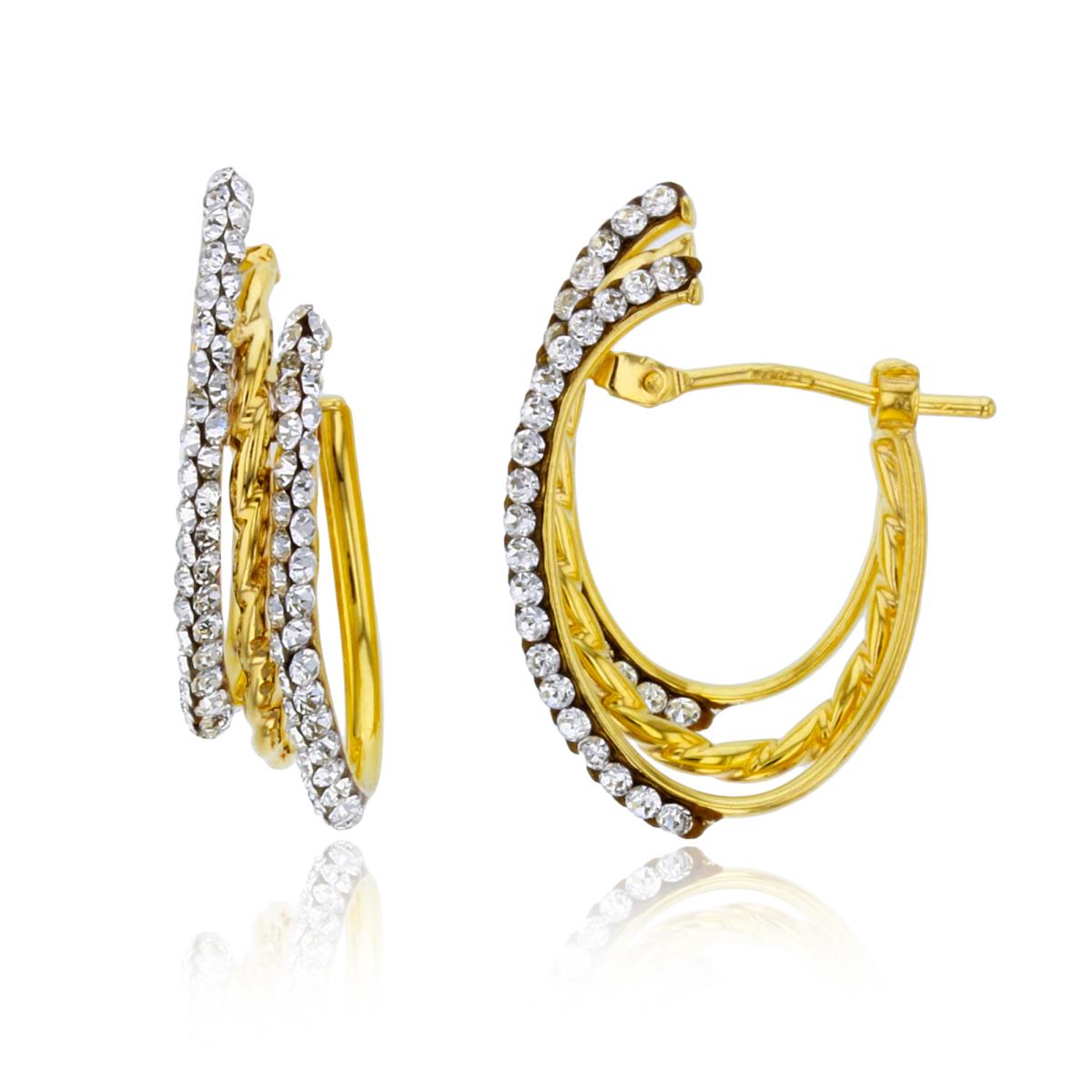 10K Yellow Gold 2-Rnd White Crystal Rows & Textured Center 25X5mm Huggie Earring