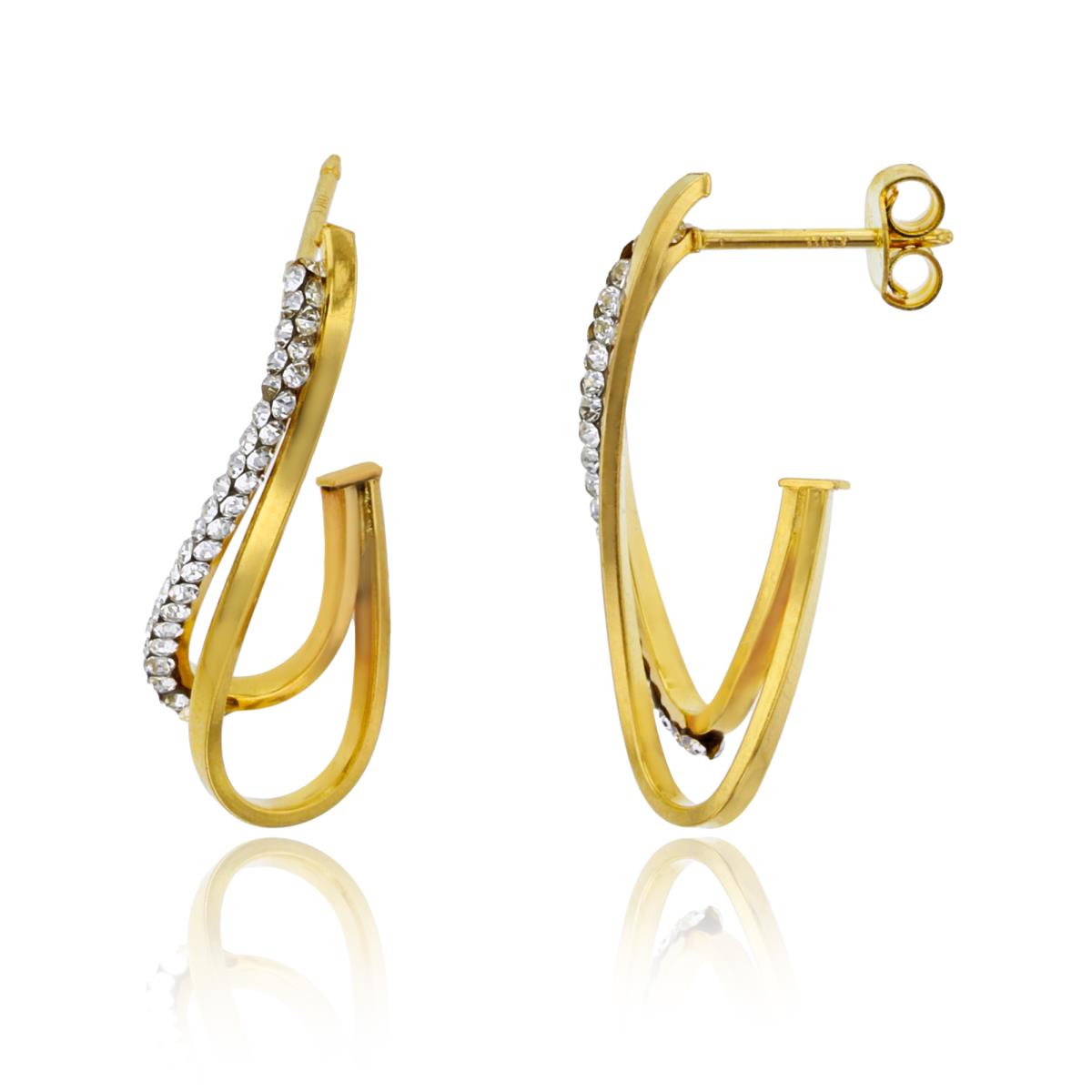 10K Yellow Gold Rnd Crystal & Polished Waved Rows 29X12mm J-Hoop Earrings