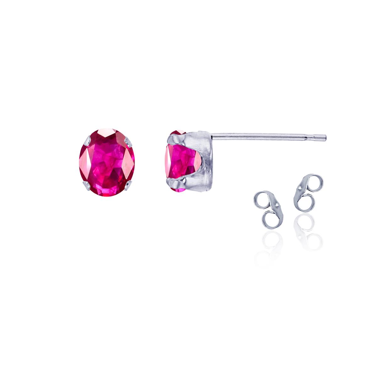 Sterling Silver Rhodium 6x4mm Oval Glass Filled Ruby Stud Earring with Clutch