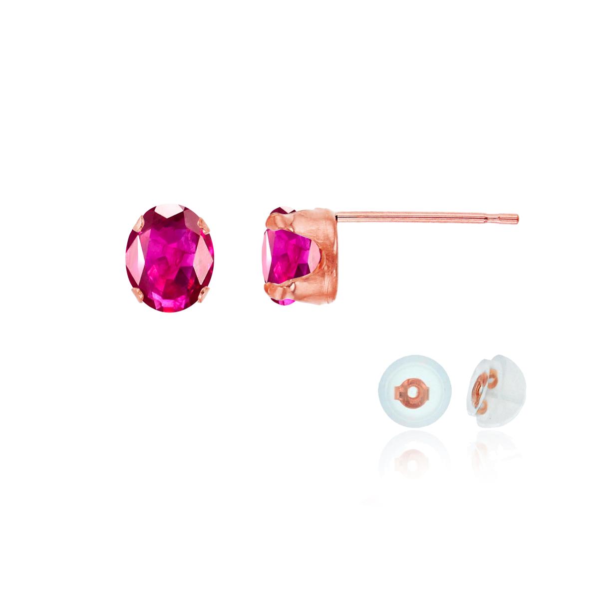 14K Rose Gold 6x4mm Oval Glass Filled Ruby Stud Earring with Silicone Back