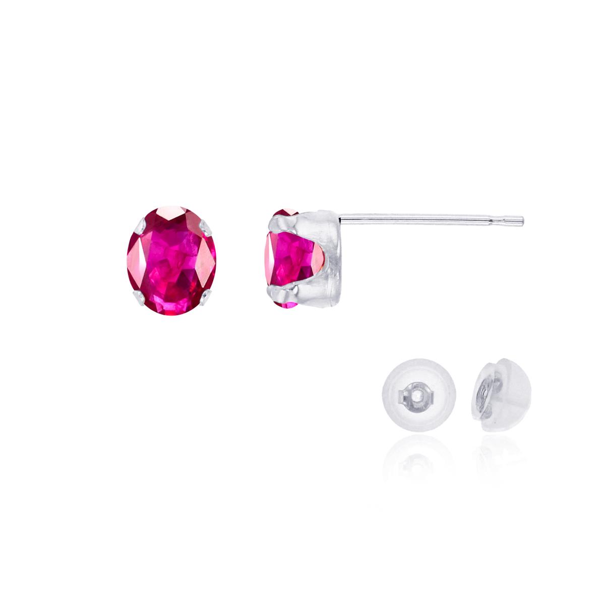 10K White Gold 6x4mm Oval Glass Filled Ruby Stud Earring with Silicone Back