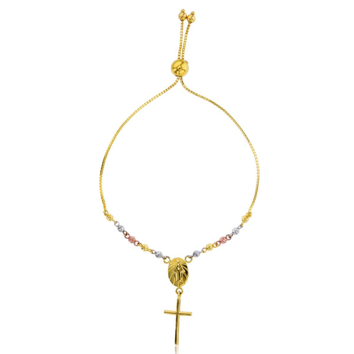 14K Tricolor Gold DC Beads with Vergin Mary & Cross Charms Adjustable 9"Bolo Bracelet
