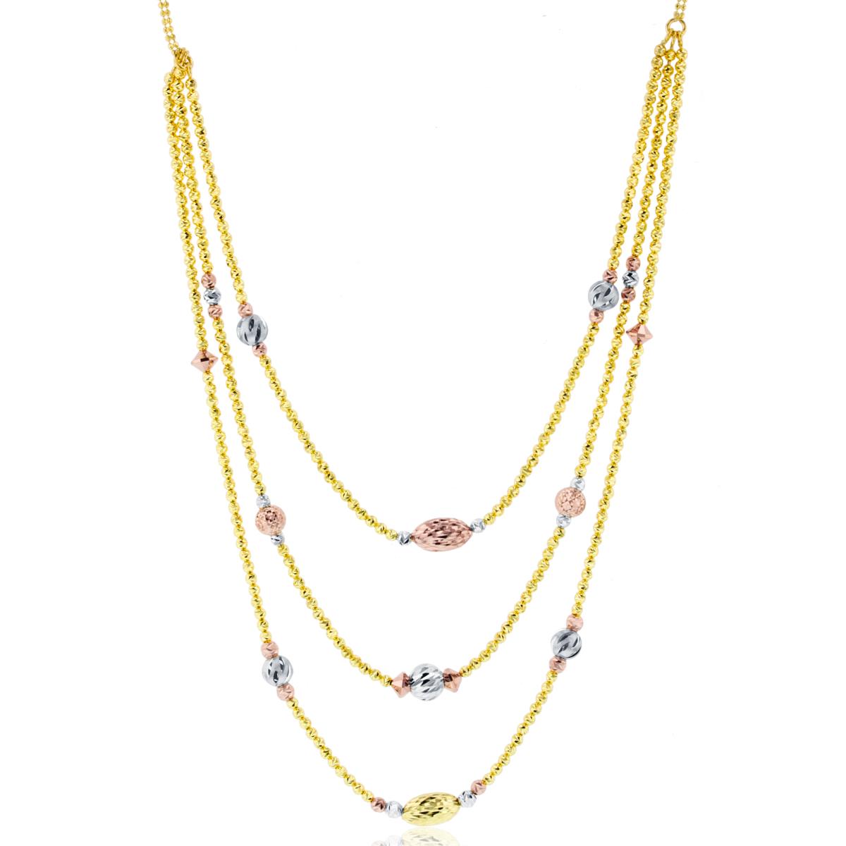14K Tricolor Gold DC/Satin Beaded 3-Layers 18"-21"Necklace