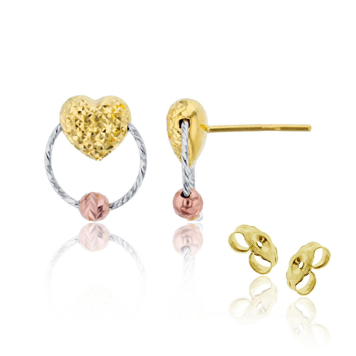 14K Tricolor Gold DC Heart & Bead on Open Circle Studs