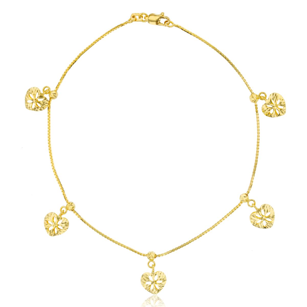 14K Yellow Gold DC Heart Charms on Chain 9"Bracelet