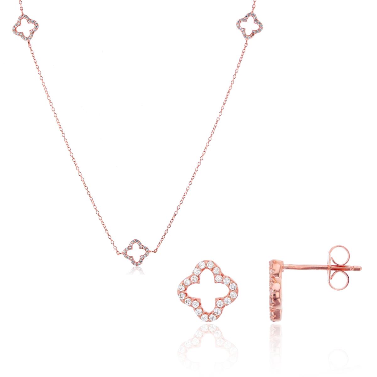 Sterling Silver & 1Micron Rose Gold Open Clover Station 22"+2" Necklace & Clover Stud Earring Set