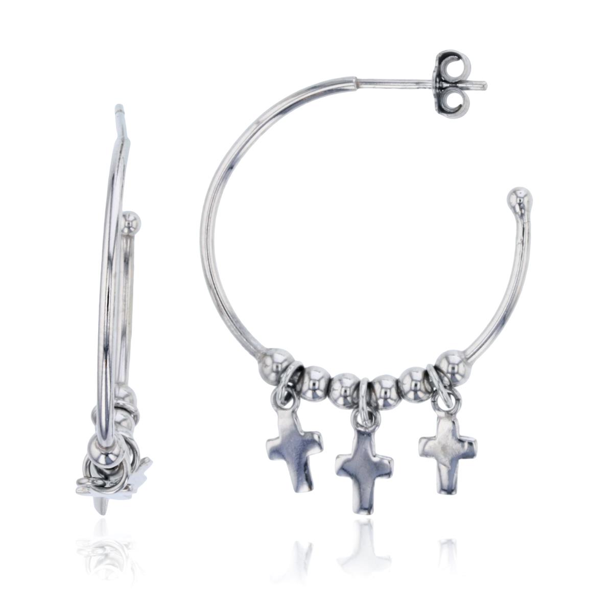 Sterling Silver Rhodium Beads & Cross Charms 32X3mm Open Hoop Earring