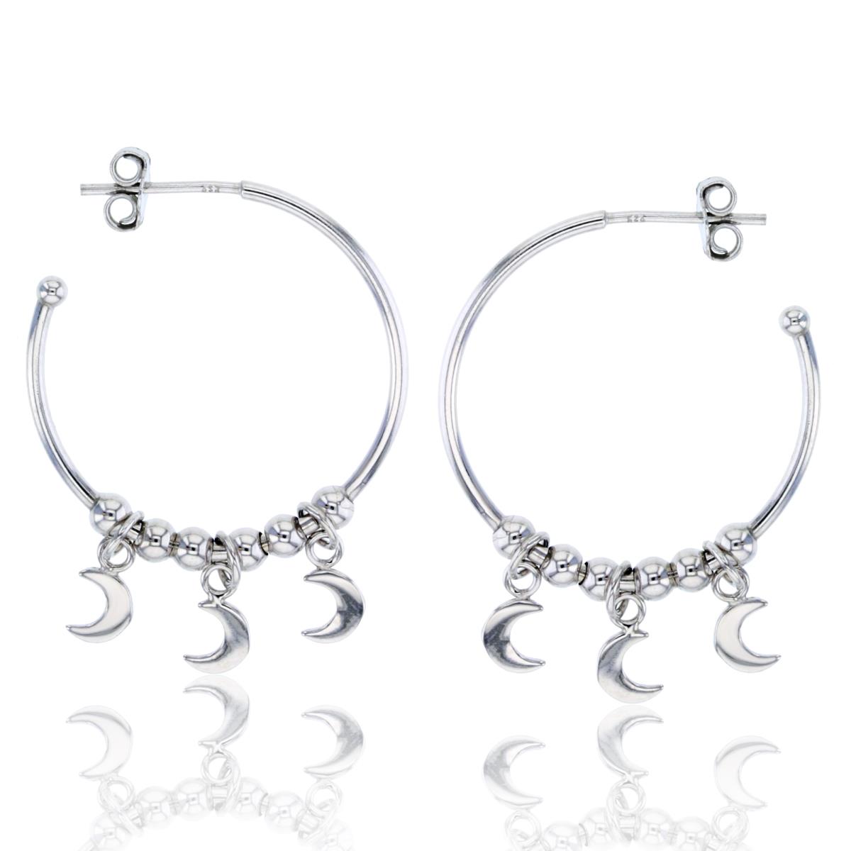 Sterling Silver Rhodium Beads & Dangling Moons 32X3mm Open Hoop Earring