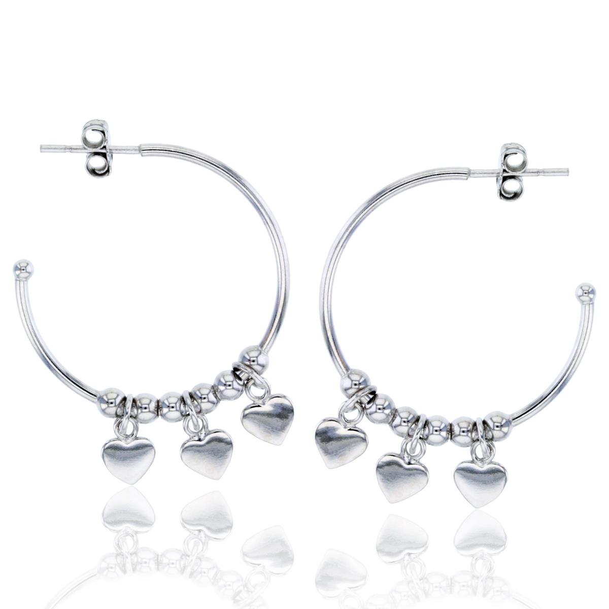 Sterling Silver Rhodium Beads & Dangling Hearts 32X3mm Open Hoop Earring