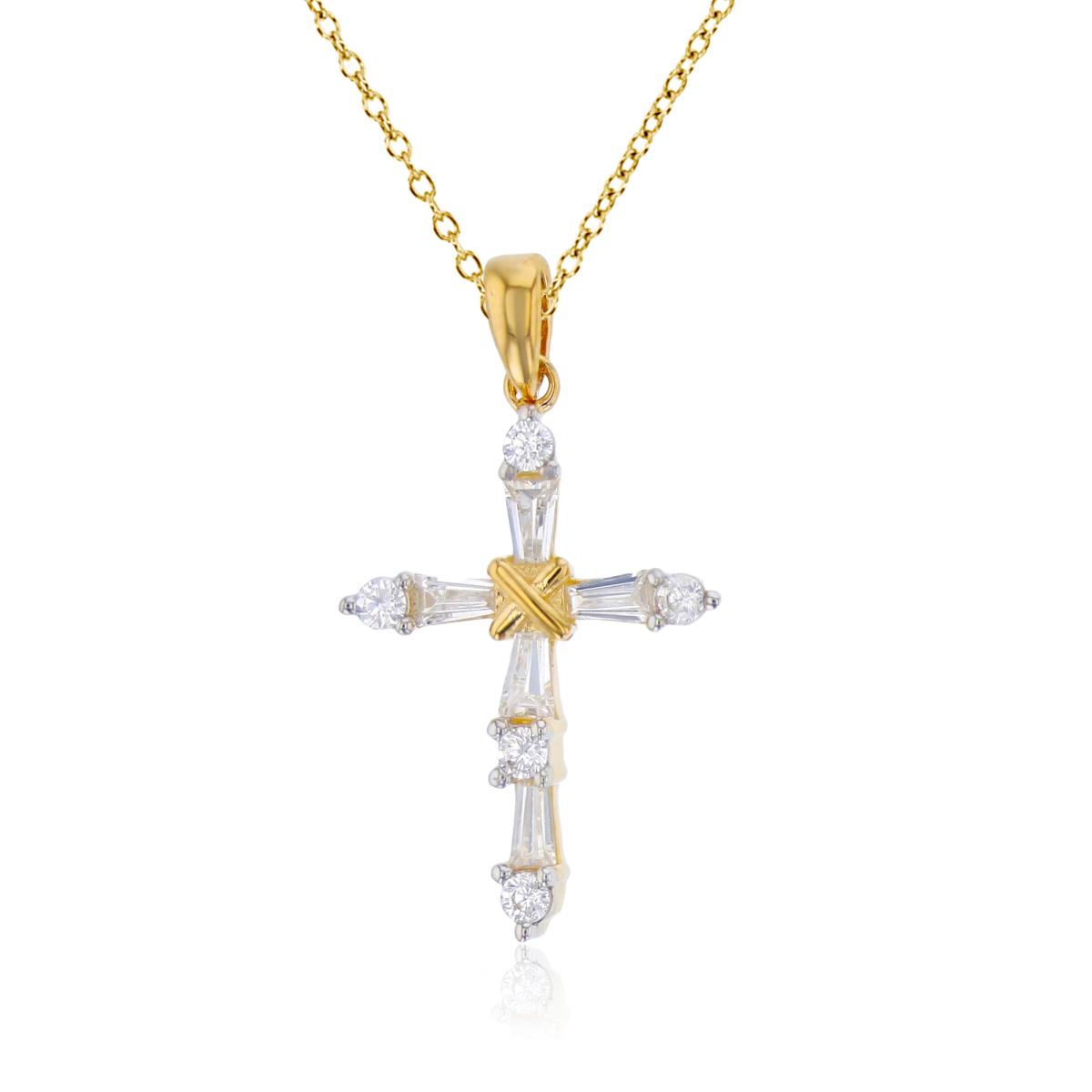 14K Yellow Gold Round & Baguette CZ Cross 18"Necklace