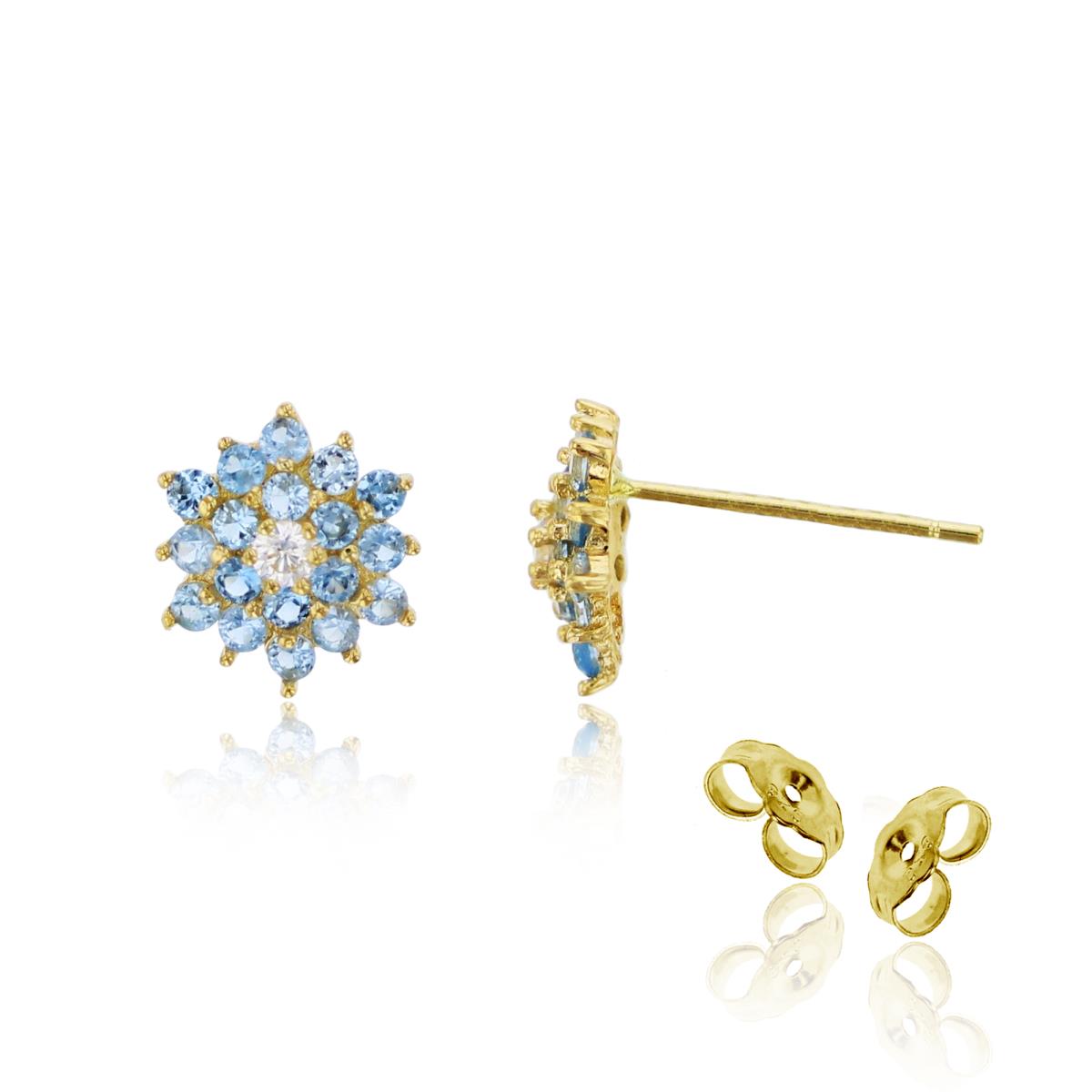 14K Yellow Gold Sky Blue & White CZ Snowflake Stud Earring with 4.5mm Clutch
