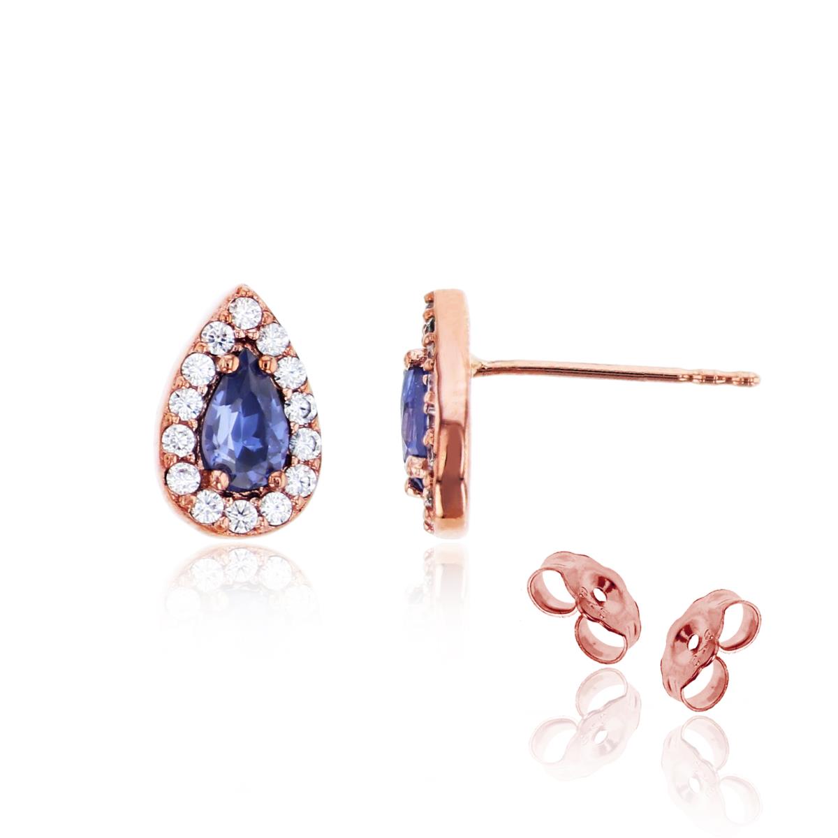 14K Rose Gold 5x3mm Tanzanite Pear Cut CZ Halo Stud Earring with 4.5mm Clutch