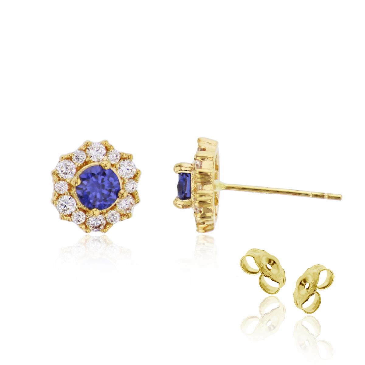 10K Yellow Gold 4mm Tanzanite Round Cut CZ Center Cluster Stud Earring with 4.5mm Clutch