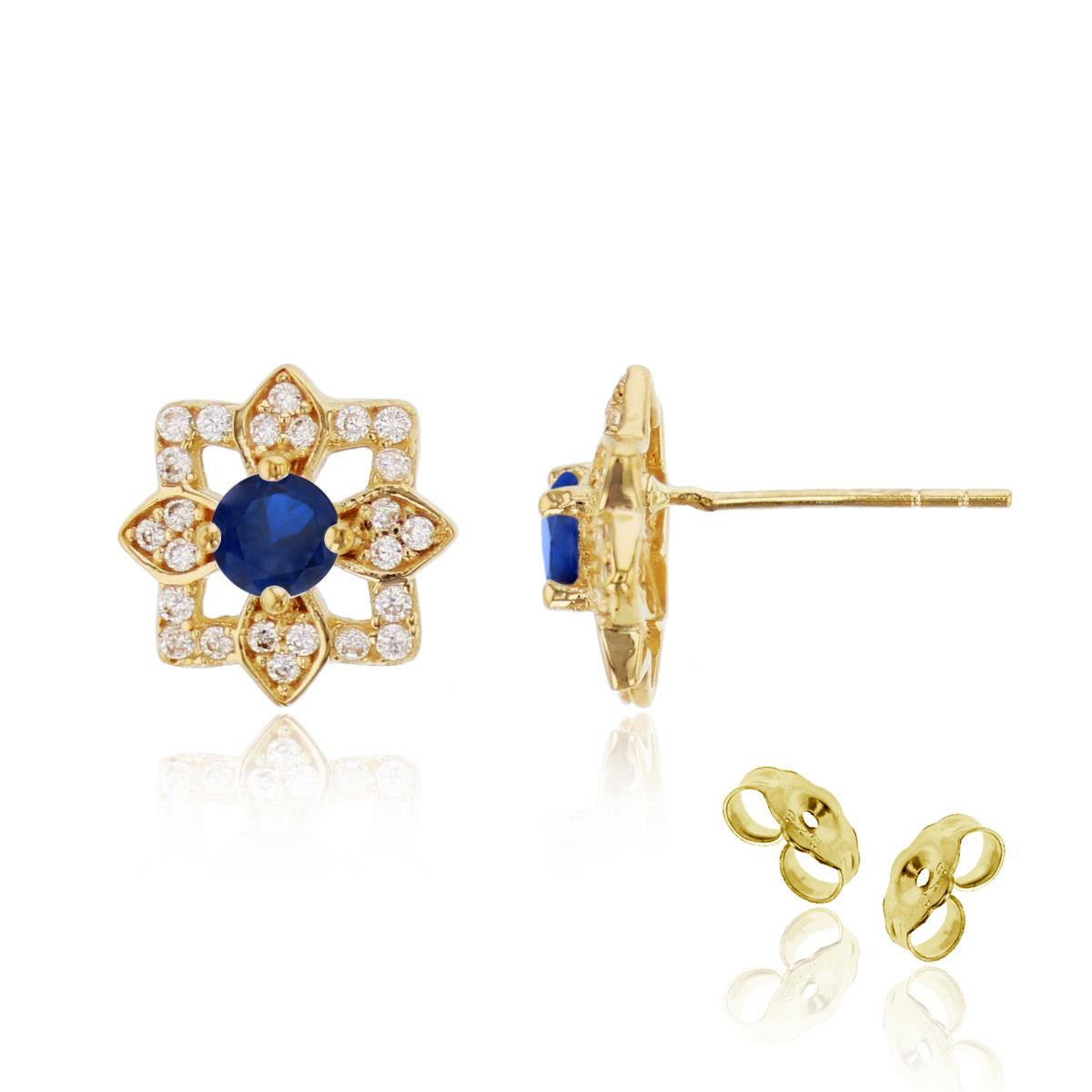 10K Yellow Gold 3.75mm Sapphire Rd CZ Center Flower Stud Earring with 4.5mm Clutch