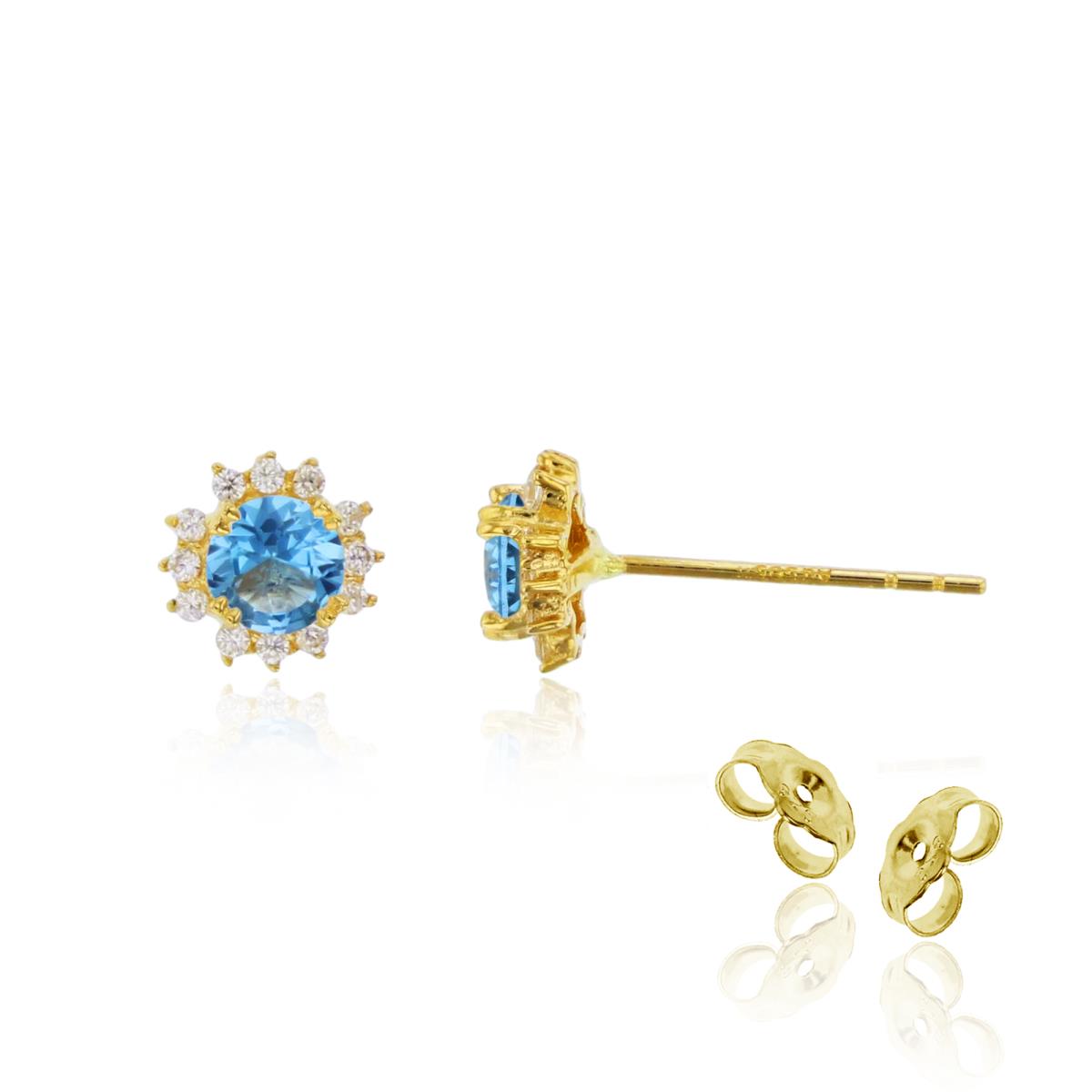 10K Yellow Gold 4mm Blue Round Cut CZ Sunburst Stud Earring with 4.5mm Clutch