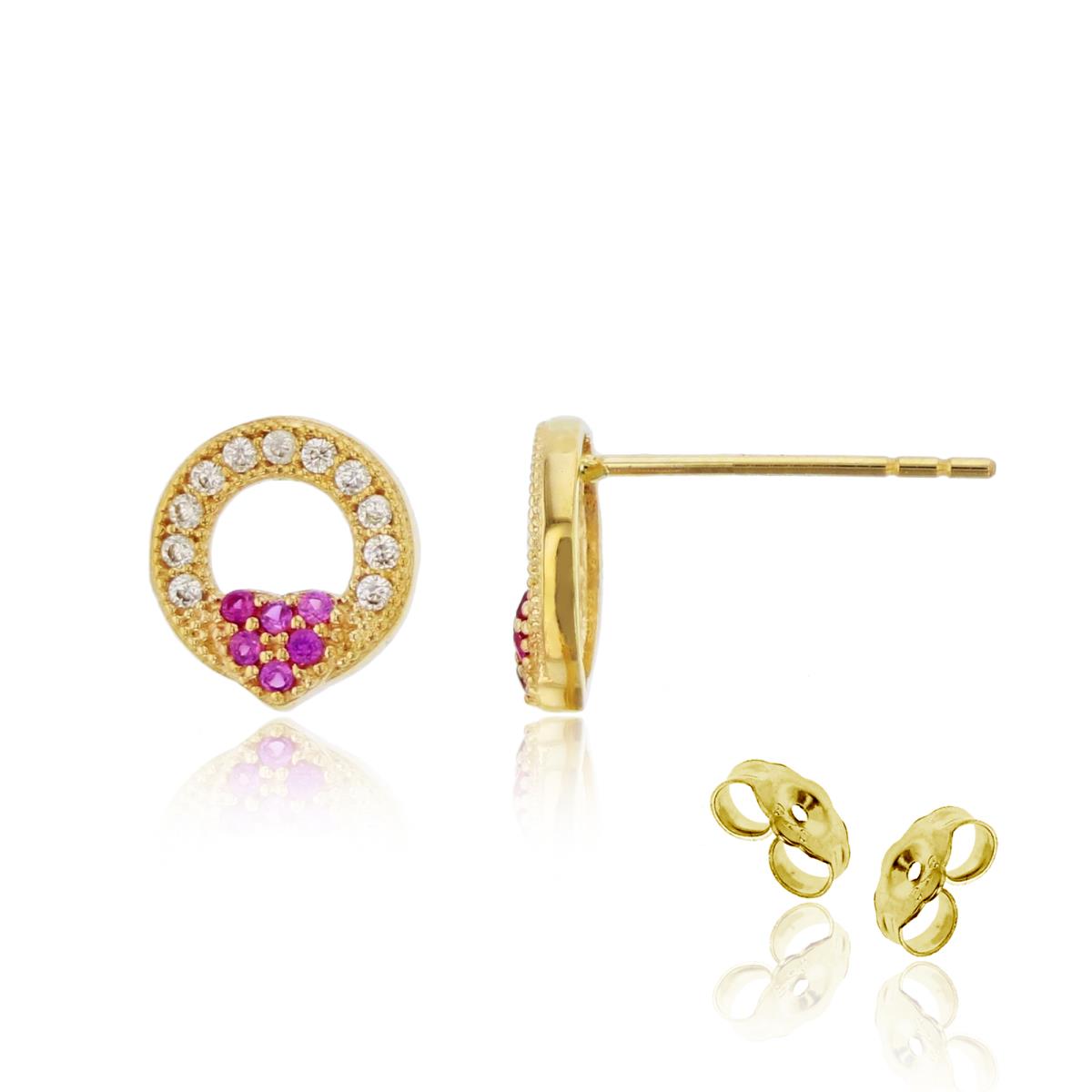 14K Yellow Gold Paved Ruby & White CZ Heart Circle Stud Earring with 4.5mm Clutch