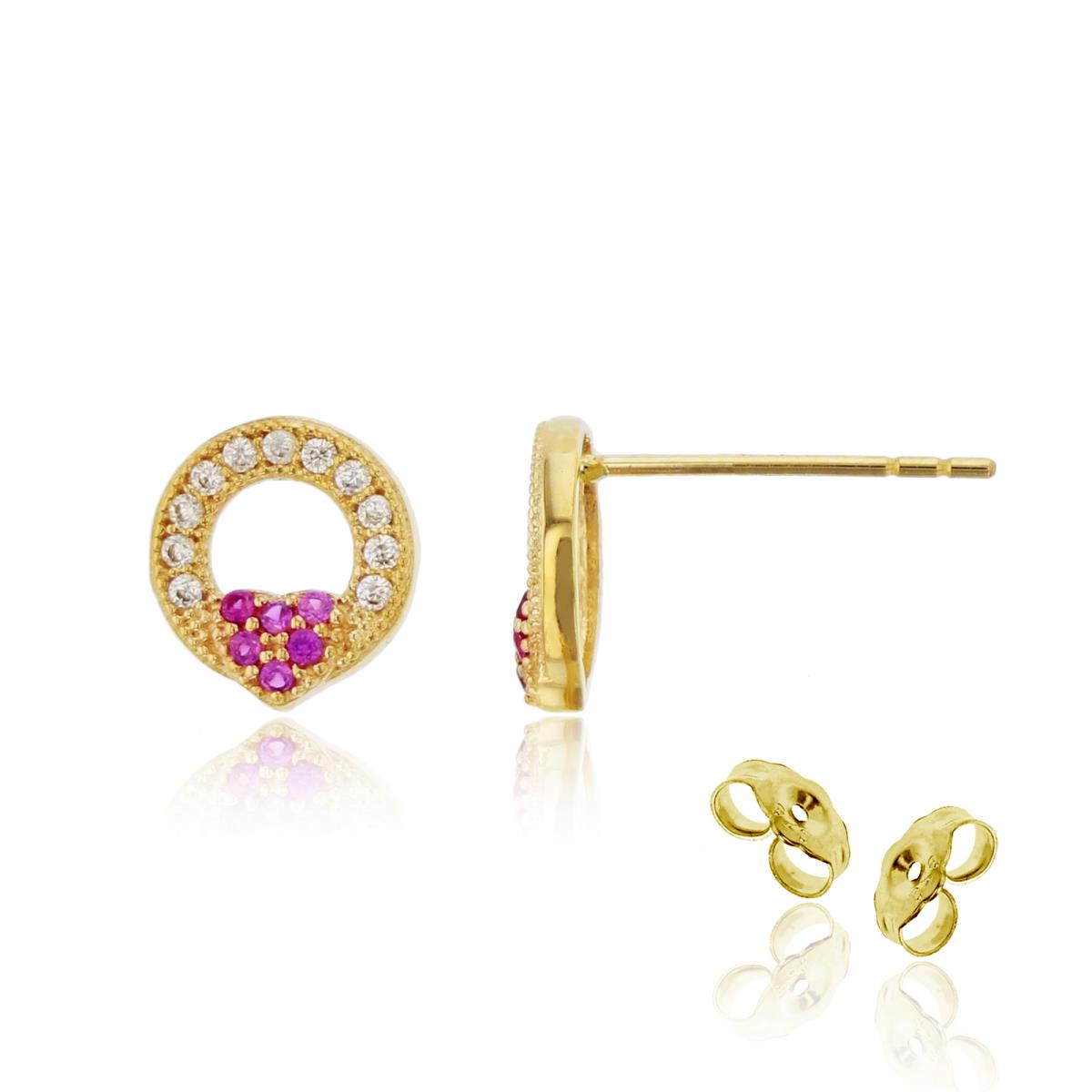 10K Yellow Gold Paved Ruby & White CZ Heart Circle Stud Earring with 4.5mm Clutch