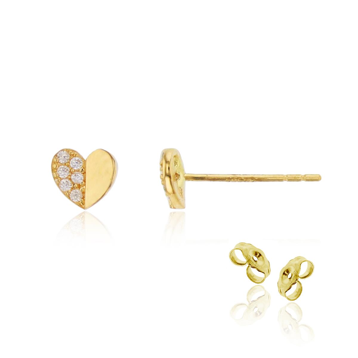 14K Yellow Gold Half Polished Half Paved Heart Stud Earring with 4.5mm Clutch