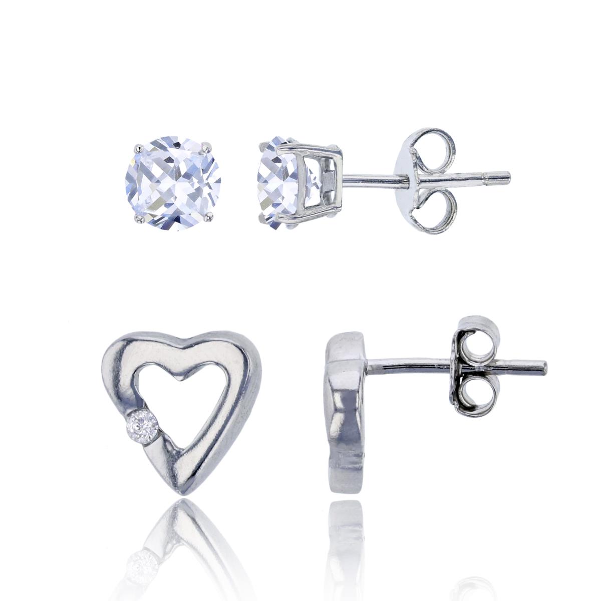 Sterling Silver Rhodium 8x9mm Open Heart & 4.00mm AAA Round Solitaire Stud Earring Set