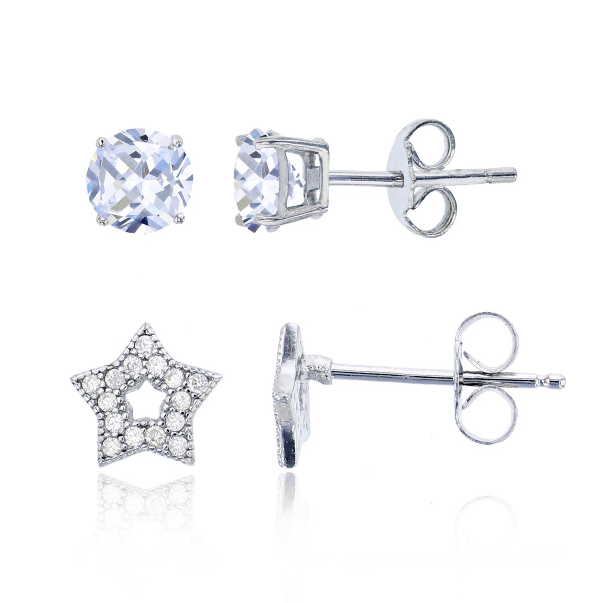 Sterling Silver Petite Pave Star & 4.00mm AAA Round Solitaire Stud Earring Set