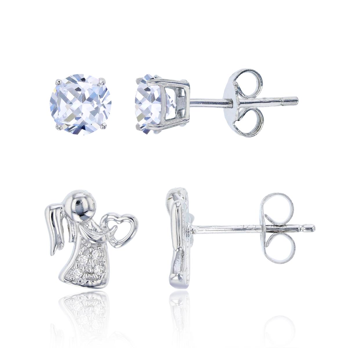 Sterling Silver Micropave Angel & 4.00mm AAA Round Solitaire Stud Earring Set