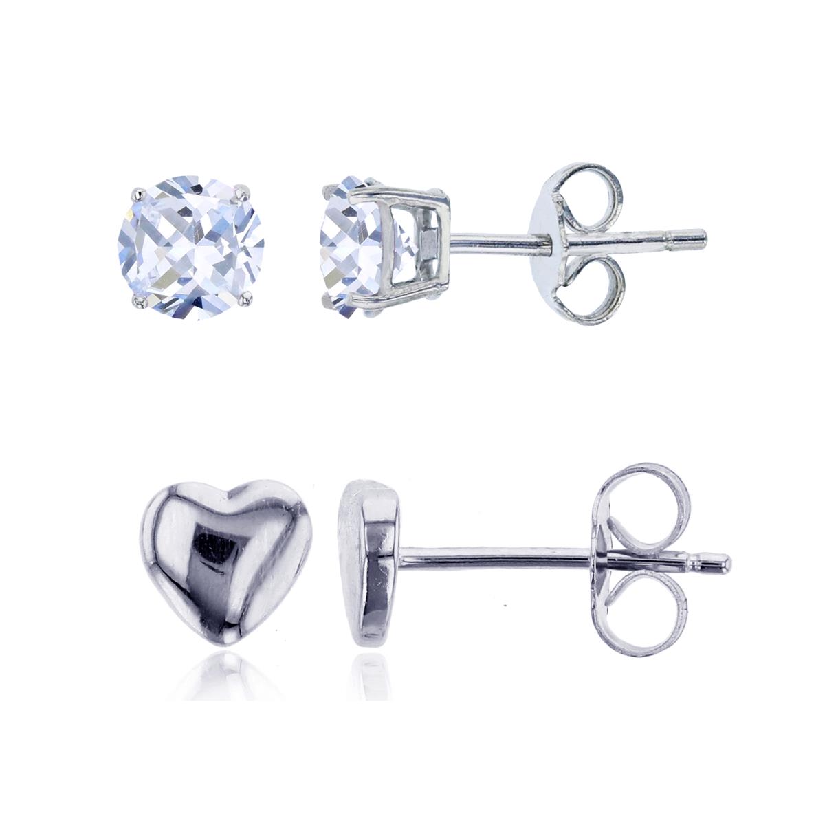 Sterling Silver High Polish Heart & 4.00mm AAA Round Solitaire Stud Earring Set
